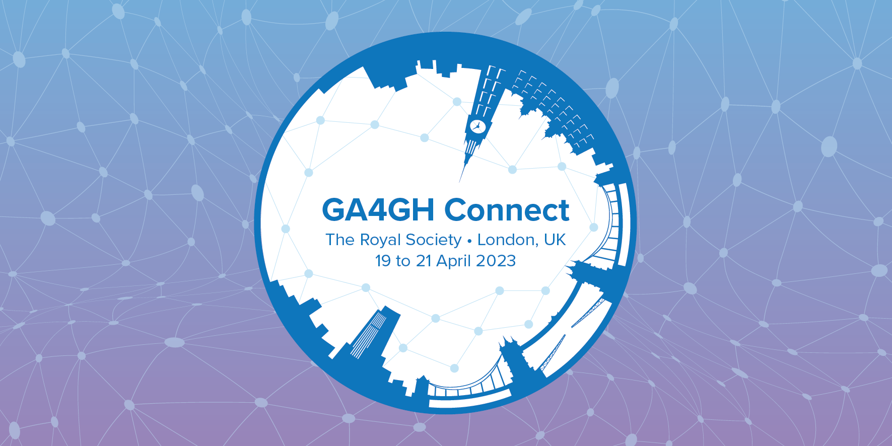 GA4GH Connect 2023 meeting banner featuring London cityscape curved around a circle with an abstract background pattern.